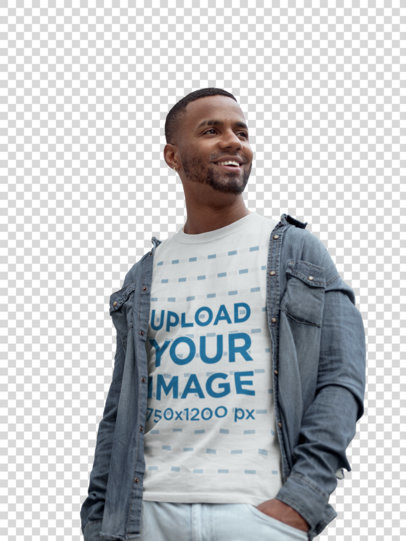 Transparent T-Shirt Mockup of a Smiling Man Walking in the City