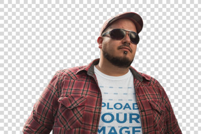 Transparent T-Shirt Mockup in Plus Size of a Cool Guy with Sunglasses and a Hat