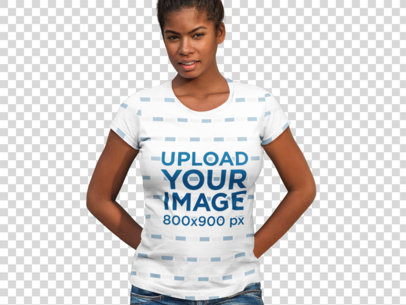 Transparent T-Shirt Mockup of a Woman Leaning Against a Concrete Wall