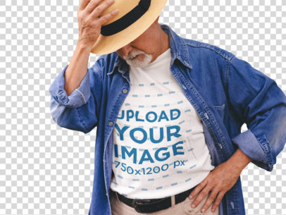 Transparent Stylish White Senior Man Wearing a Round Neck Tee Mockup with a Hat