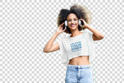 Transparent Crop Top Tee Mockup of a Woman with an Afro Wearing Headphones 34036-r-el2