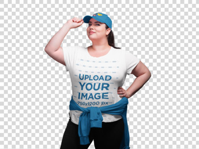 Transparent Plus Size T-Shirt Mockup of a Woman with a Sweatshirt Tied Around Her Waist