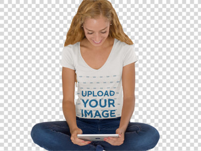 Transparent Deep V-Neck Tee Mockup of a Woman Using a Tablet a7807