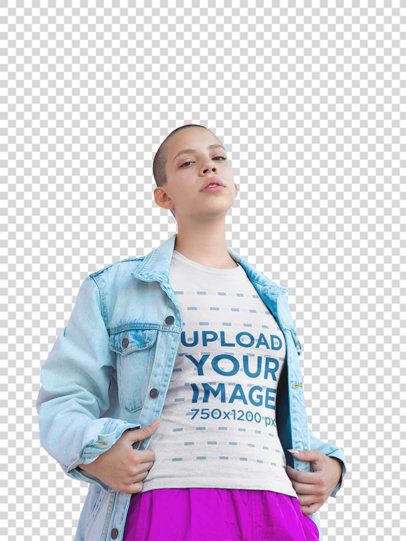 Transparent T-Shirt Mockup of a Woman with Short Hair Wearing a Pink Skirt and a Denim Jacket
