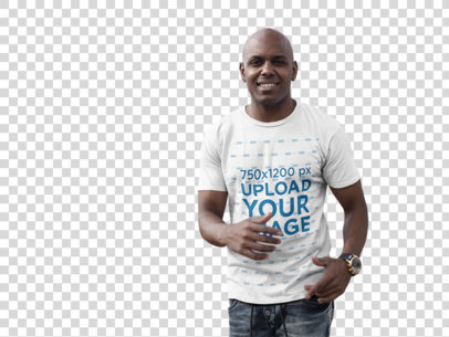 Transparent Bald Man Smiling While Wearing a Round Neck Tee in a Quiet Street