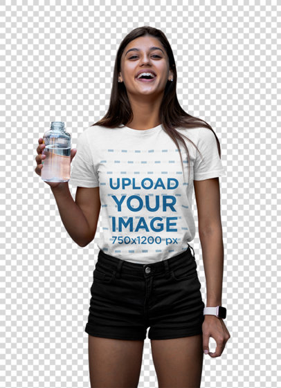 Transparent Tee Mockup of a Joyful Woman Holding a Glass of Water