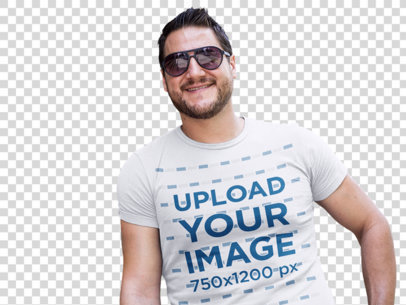 Transparent Cool Guy Wearing Sunglasses and a Tshirt Template While Lying Against a Storefront