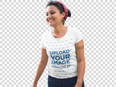 Transparent Round Neck Tshirt Mockup Featuring a Smiling Woman Outside a House