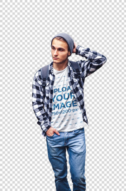 Transparent T-Shirt Mockup Featuring a Man With a Flanel Shirt 42275-r-el2