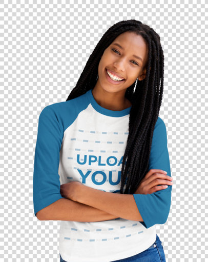 Transparent Mockup of a Smiling Woman with Locks Wearing a Raglan Tee