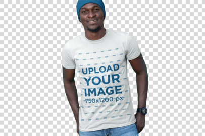 Transparent T-Shirt Mockup of a Man with a Beanie Standing by a Gate