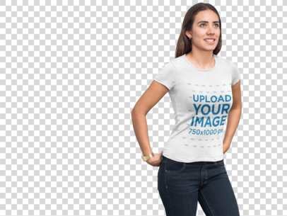 Transparent T-Shirt Mockup of a Young Woman Walking Down a Corridor