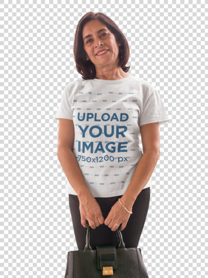 Transparent Portrait of an Elder Woman Wearing a T-Shirt Mockup Holding a Bag a20358