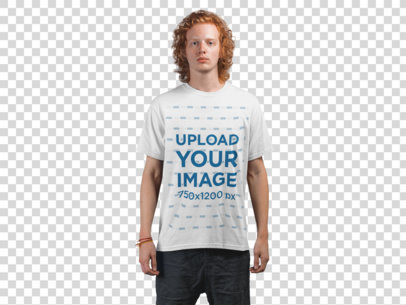 Transparent Round Neck Tee Mockup of a Young Man with Red Hair Against Gray Wall 