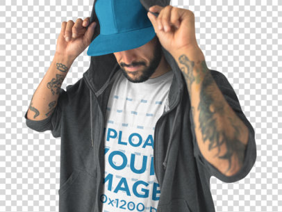 Transparent Middle Aged Tattooed Man with a Hat Wearing a Round Neck Tee Mockup and a Hoodie