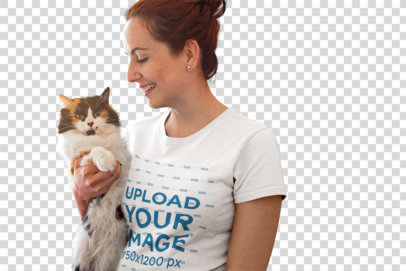 Transparent Happy Woman Wearing a T-Shirt Mockup Smiling at her Cat