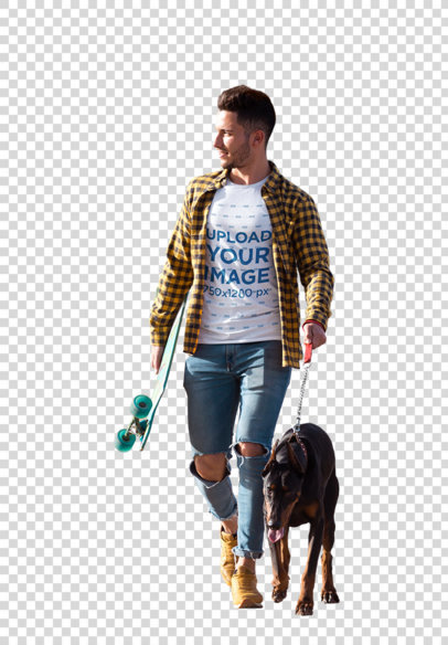 Transparent T-Shirt Mockup Featuring a Skater Walking with His Dog 
