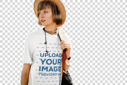 Transparent T-Shirt Mockup of a Stylish Woman Standing in the Street