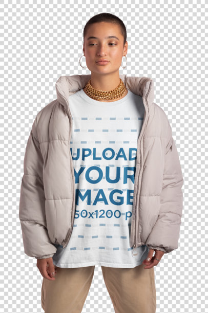 Transparent Mockup of a Woman Wearing an Oversized Tee and a Puffy Coat