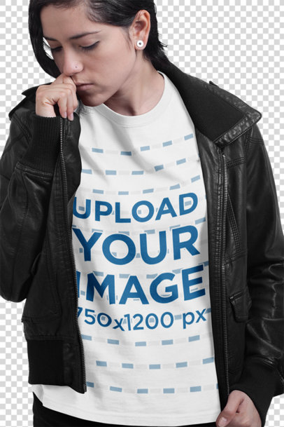 Transparent Serious Woman Wearing a Tshirt Mockup and a Leather Jacket