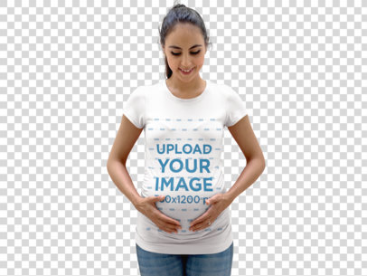 Transparent Pregnant Mom Wearing a T-Shirt Template Lying Against a White Wall