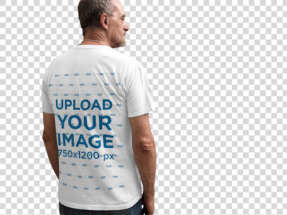 Transparent Middle Aged Man Wearing a T-Shirt Mockup from the Back in a Urban Space