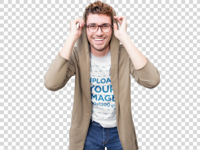 Transparent Mockup of a Smiling Hipster Guy Wearing a T-Shirt Outside