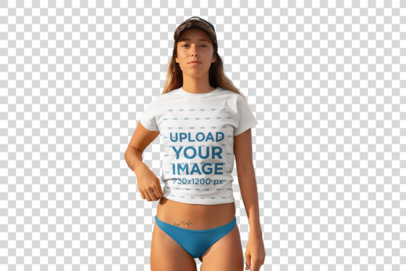 Transparent Mockup of a Young Woman Wearing a T-Shirt and a Bikini Bottom at the Beach