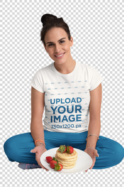 Transparent Crew Neck Tee Mockup of a Woman Having Pancakes in Bed