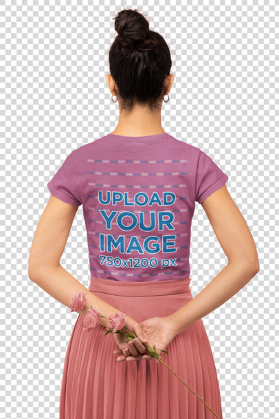 Transparent Back View T-Shirt Mockup Featuring a Woman Holding Some Flowers in a Monochromatic Setting 