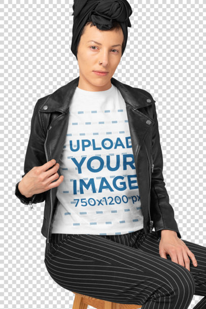 Transparent T-Shirt Mockup of a Woman with a Headscarf at a Studio