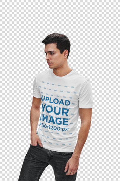 Transparent T-Shirt Mockup of a Young Man Walking on a Street
