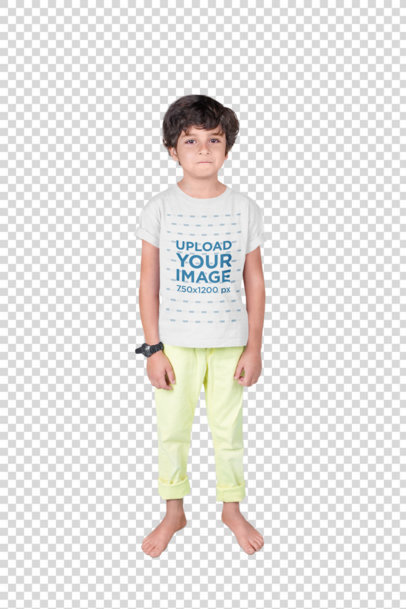 Transparent T-Shirt Mockup of a Serious Kid with a Colorful Background