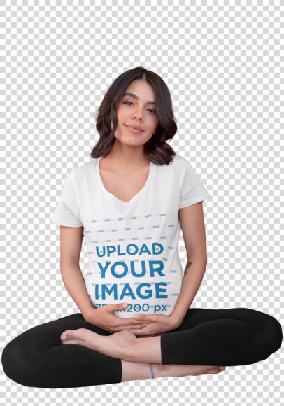 Transparent Mockup of a Beautiful Pregnant Woman Wearing a V-Neck Tee
