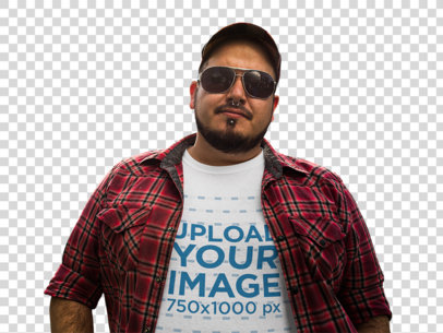 Transparent Round Neck Plus Size Tee Mockup of a Guy Wearing a Hat and Sunglasses a12125