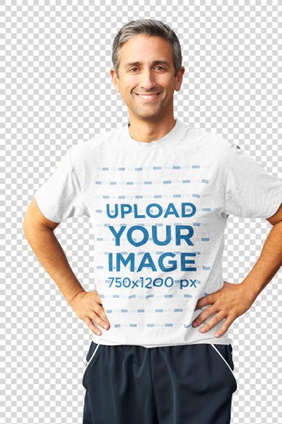Transparent Mockup of a Middle-Aged Man with a Heathered T-Shirt Standing on the Street