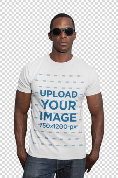 transparent mockup of a muscular man wearing sunglasses and a t-shirt 30449