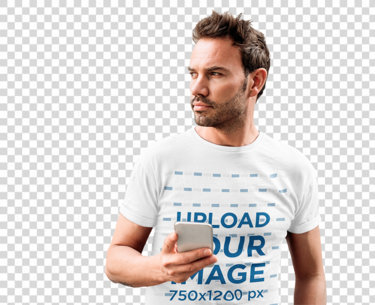 Transparent T-Shirt Mockup of a Bearded Man Holding a Phone 