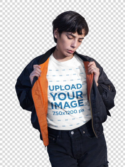 Transparent T-Shirt Mockup of a Woman with a Bomber Jacket