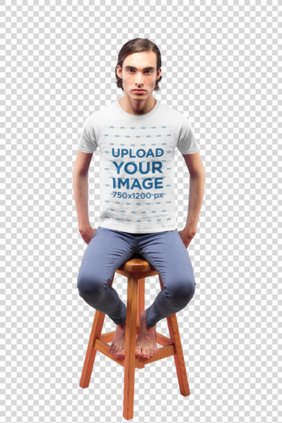 transparent t-shirt mockup of a serious young man sitting on a stool a19668