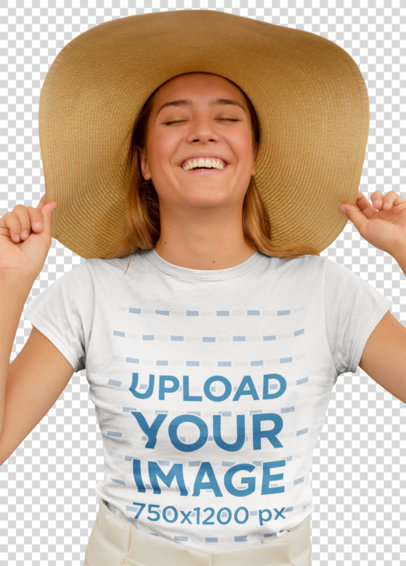 Transparent T-Shirt Mockup of a Happy Woman Wearing a Large Sun Hat