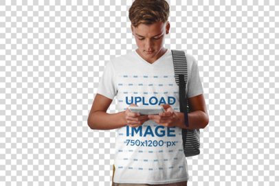 Transparent Mockup of a Teenager with a V-Neck Tee Standing in the Library