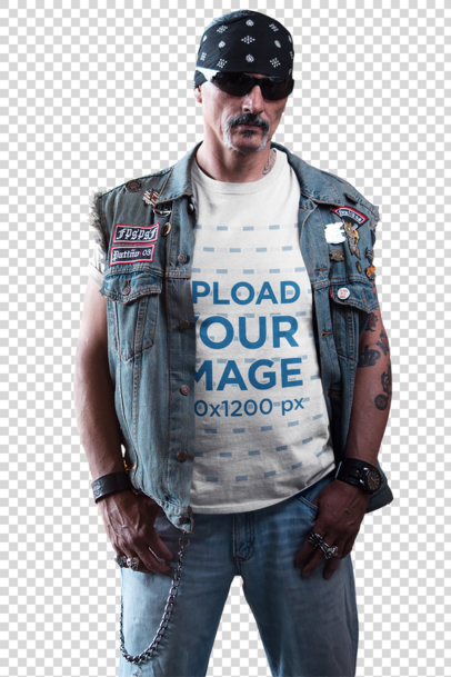 transparent mockup of a tattooed biker man wearing a bandana and a denim vest 20246