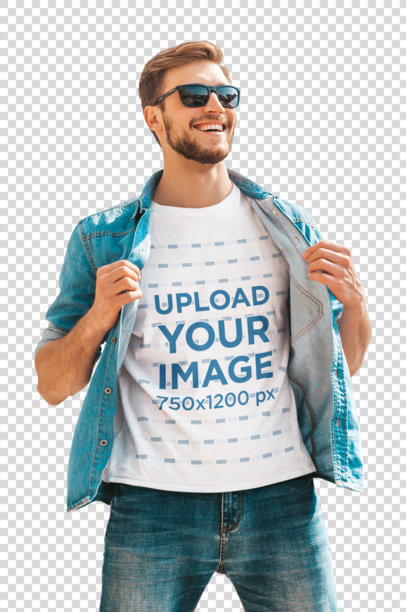Transparent T-Shirt Mockup of a Bearded Man with Sunglasses Posing at a City