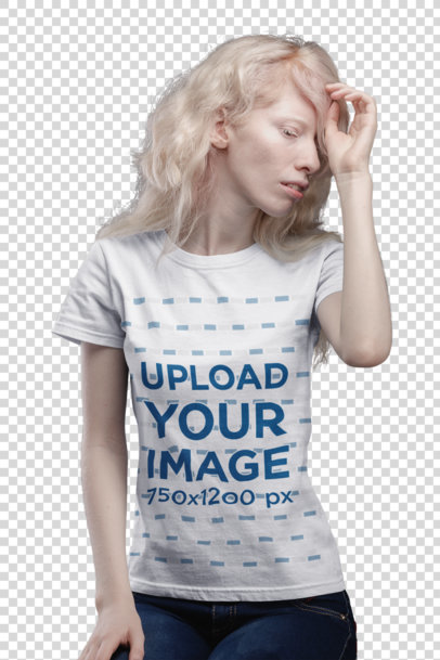 Transparent T-Shirt Mockup Featuring a Woman with Light Blonde Hair
