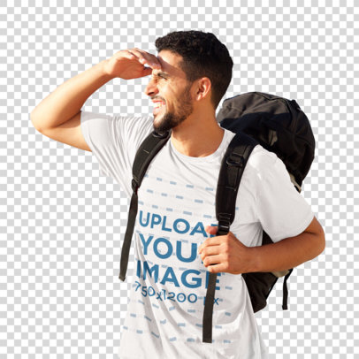 Transparent T-Shirt Mockup Featuring a Man Backpacking