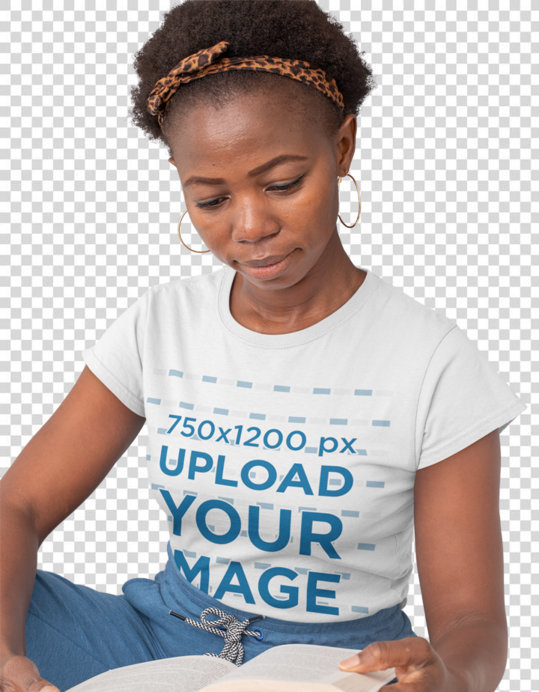 Transparent T-Shirt Mockup of a Short-Haired Woman Reading