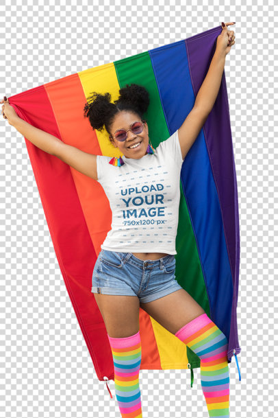 Transparent T-Shirt Mockup of a Woman Proudly Holding a Rainbow Flag