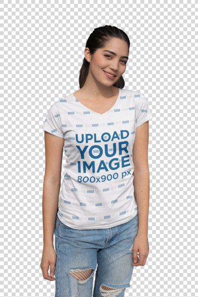 Transparent T-Shirt Mockup Featuring a Coy Girl Standing in Front of Wall Tiles 24936