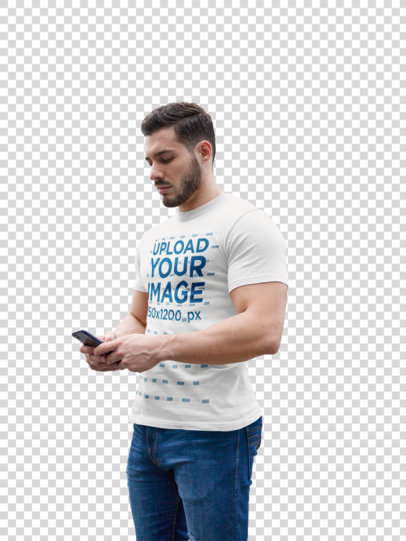 transparent mockup of a strong man wearing a t-shirt whil using his phone a17662 